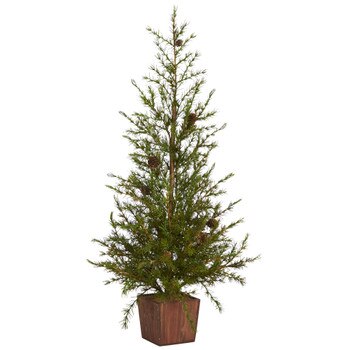 3 Alpine Natural Look Artificial Christmas Tree in Wood Planter with Pine Cones - SKU #T1800