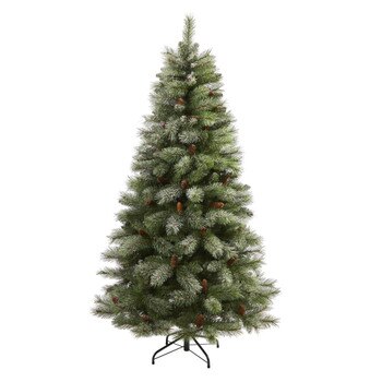 6 Snowed French Alps Mountain Pine Artificial Christmas Tree with 583 Bendable Branches and Pine Cones - SKU #T1859
