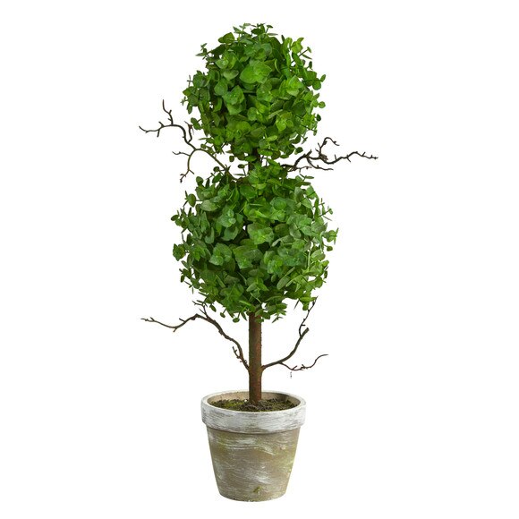 2 Eucalyptus Double Ball Topiary Artificial Tree - SKU #T2033