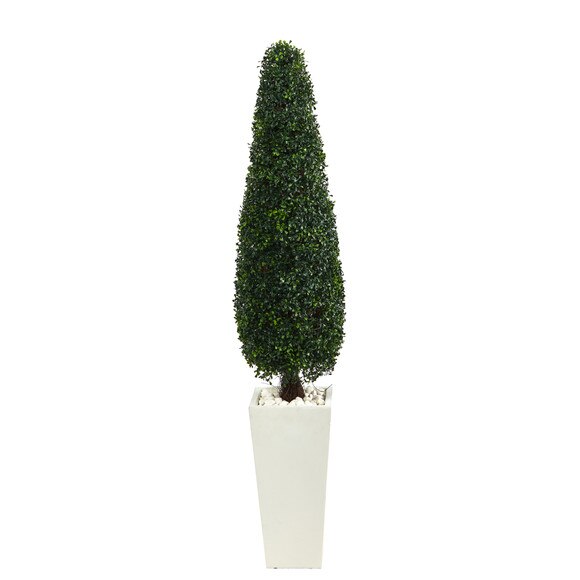 63 Boxwood Topiary Artificial Tree in Tall White Planter UV Resistant Indoor/Outdoor - SKU #T2196