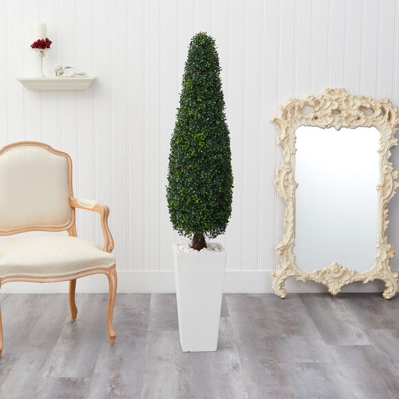 63 Boxwood Topiary Artificial Tree in Tall White Planter UV Resistant Indoor/Outdoor - SKU #T2196 - 2