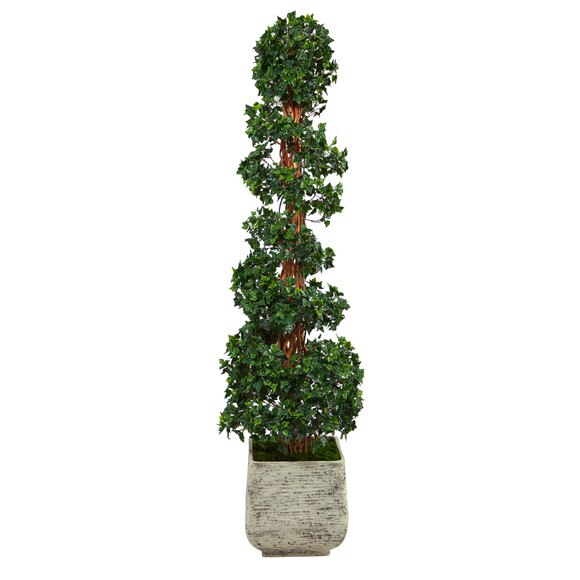 70 English Ivy Topiary Spiral Artificial Tree in White Planter UV Resistant Indoor/Outdoor - SKU #T2202