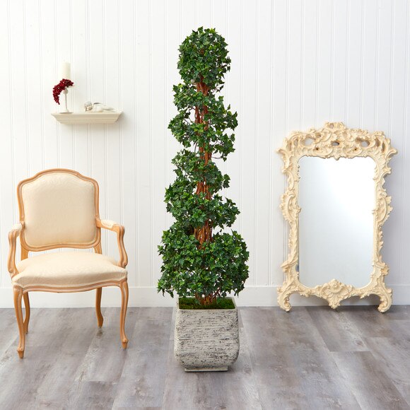 70 English Ivy Topiary Spiral Artificial Tree in White Planter UV Resistant Indoor/Outdoor - SKU #T2202 - 2