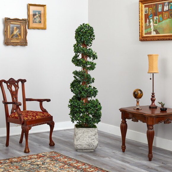 70 English Ivy Topiary Spiral Artificial Tree in White Planter UV Resistant Indoor/Outdoor - SKU #T2202 - 3