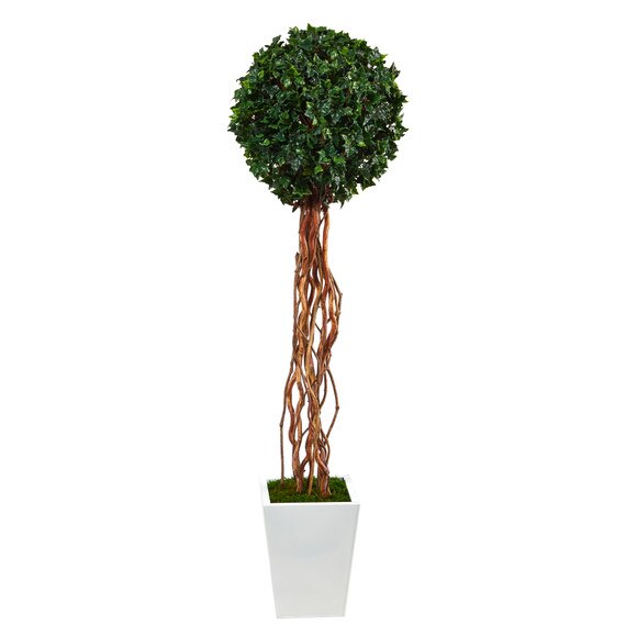 62 English Ivy Single Ball Artificial Topiary Tree in White Metal Planter UV Resistant Indoor/Outdoor - SKU #T2229