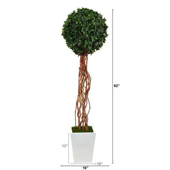 62 English Ivy Single Ball Artificial Topiary Tree in White Metal Planter UV Resistant Indoor/Outdoor - SKU #T2229 - 1