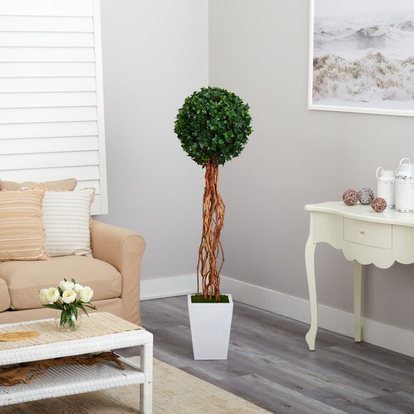 62 English Ivy Single Ball Artificial Topiary Tree in White Metal Planter UV Resistant Indoor/Outdoor - SKU #T2229 - 3