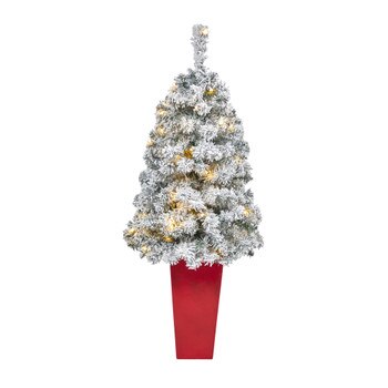 44 Flocked Rock Springs Spruce Artificial Christmas Tree with 50 Clear LED Lights in Red Tower Planter - SKU #T2244