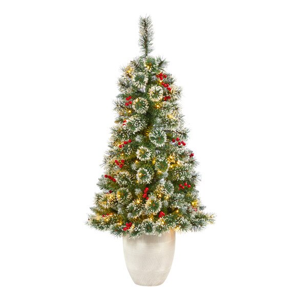50 Frosted Swiss Pine Artificial Christmas Tree with 100 Clear LED Lights and Berries in White Planter - SKU #T2255