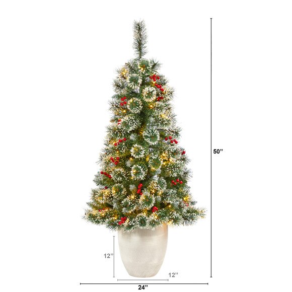 50 Frosted Swiss Pine Artificial Christmas Tree with 100 Clear LED Lights and Berries in White Planter - SKU #T2255 - 1