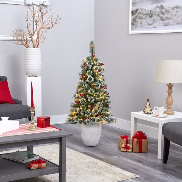 50 Frosted Swiss Pine Artificial Christmas Tree with 100 Clear LED Lights and Berries in White Planter - SKU #T2255 - 7