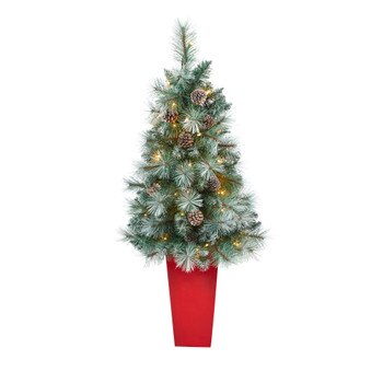 44 Frosted Tip British Columbia Mountain Pine Artificial Christmas Tree with 50 Clear Lights Pine Cones and 112 Bendable Branches in Red Tower Planter - SKU #T2276