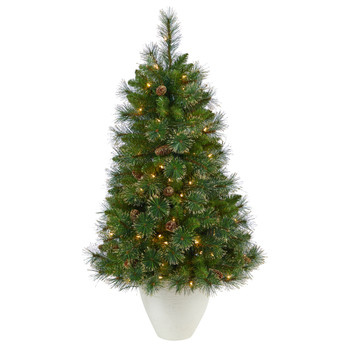 50 Golden Tip Washington Pine Artificial Christmas Tree with 100 Clear Lights Pine Cones and 336 Bendable Branches in White Planter - SKU #T2293