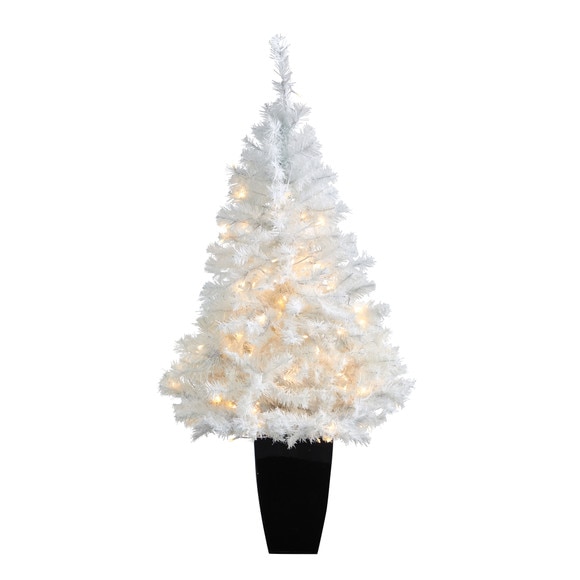 50 White Artificial Christmas Tree with 100 Clear LED Lights in Black Metal Planter - SKU #T2309