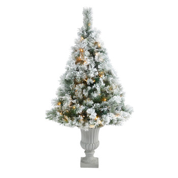 56 Flocked Oregon Pine Artificial Christmas Tree with 100 Clear Lights and 215 Bendable Branches in Decorative Urn - SKU #T2426
