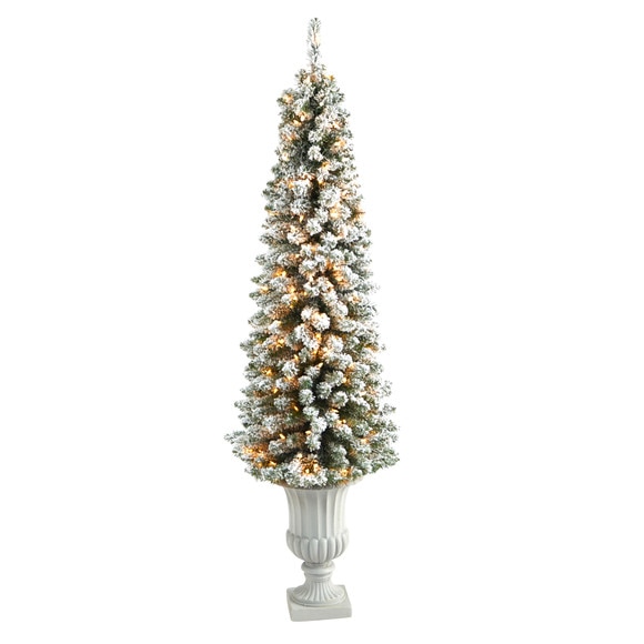 5.5 Flocked Pencil Artificial Christmas Tree with 200 Clear Lights and 318 Bendable Branches in Decorative Urn - SKU #T2434