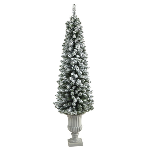 5.5 Flocked Pencil Artificial Christmas Tree with 200 Clear Lights and 318 Bendable Branches in Decorative Urn - SKU #T2434 - 2