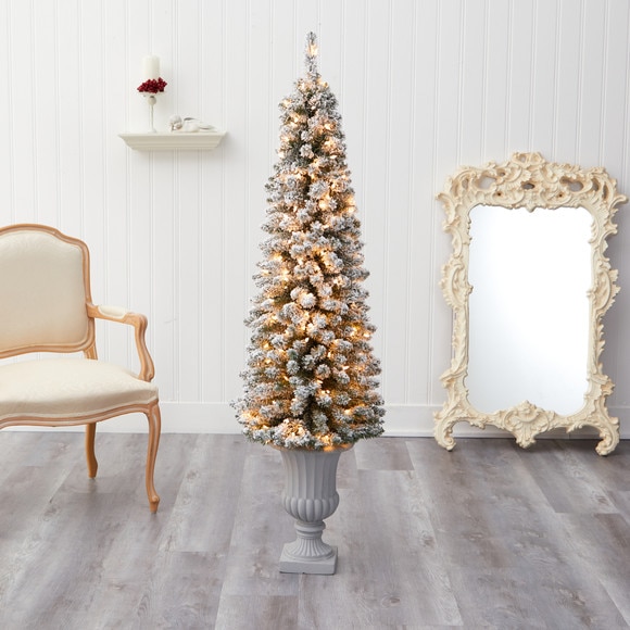 5.5 Flocked Pencil Artificial Christmas Tree with 200 Clear Lights and 318 Bendable Branches in Decorative Urn - SKU #T2434 - 6