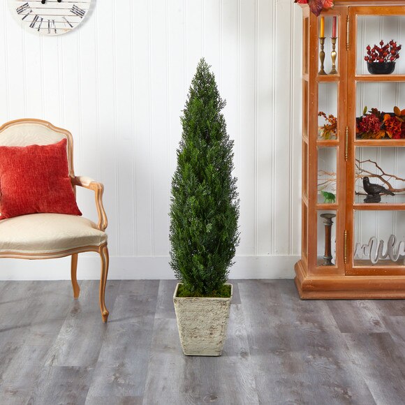 51 Cedar Artificial Tree in Country White Planter Indoor/Outdoor - SKU #T2473 - 2