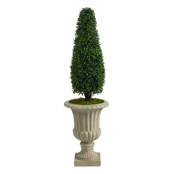 4 Boxwood Tower Artificial Topiary Tree in Sand Finished Urn UV Resistant Indoor/Outdoor - SKU #T2522