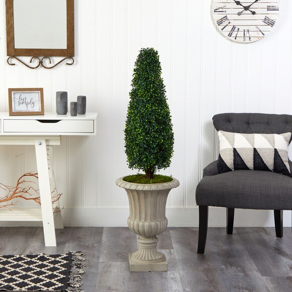 4 Boxwood Tower Artificial Topiary Tree in Sand Finished Urn UV Resistant Indoor/Outdoor - SKU #T2522 - 2