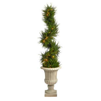 5 Spiral Cypress Artificial Tree in Sand Finished Urn with 80 Clear LED Lights UV Resistant Indoor/Outdoor - SKU #T2609