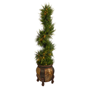 4.5 Spiral Cypress Artificial Tree in Decorative Planter with 80 Clear LED Lights UV Resistant Indoor/Outdoor - SKU #T2610