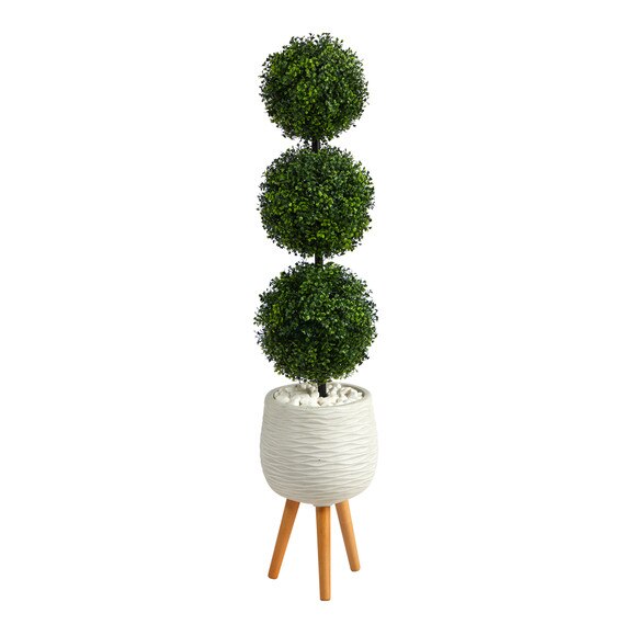 51 Boxwood Triple Ball Topiary Artificial Tree in White Planter with Stand Indoor/Outdoor - SKU #T2612