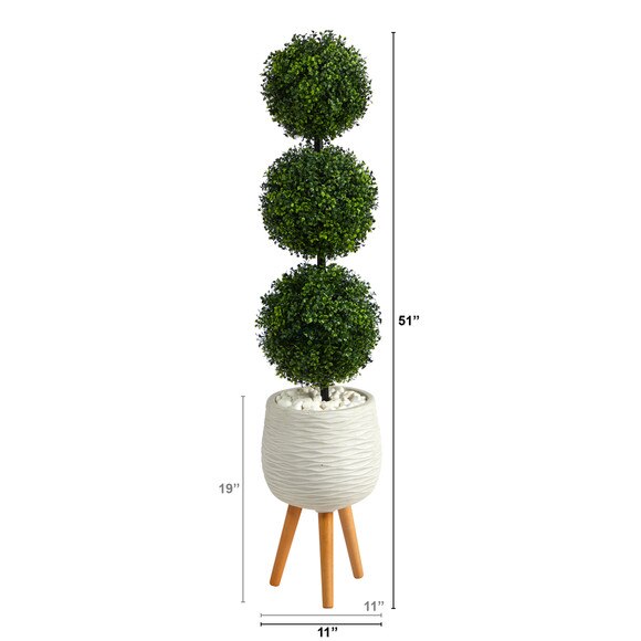 51 Boxwood Triple Ball Topiary Artificial Tree in White Planter with Stand Indoor/Outdoor - SKU #T2612 - 1