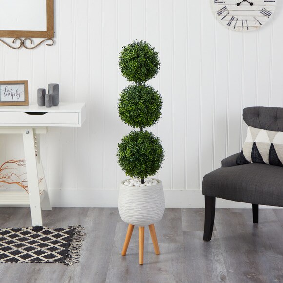 51 Boxwood Triple Ball Topiary Artificial Tree in White Planter with Stand Indoor/Outdoor - SKU #T2612 - 2