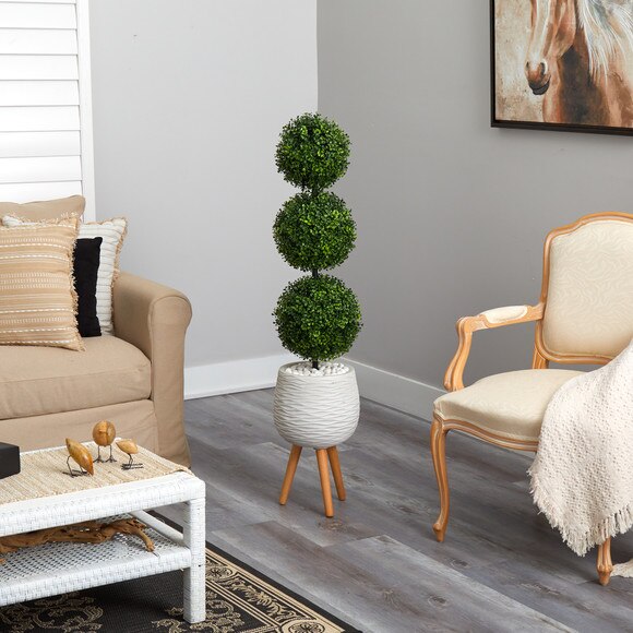 51 Boxwood Triple Ball Topiary Artificial Tree in White Planter with Stand Indoor/Outdoor - SKU #T2612 - 3