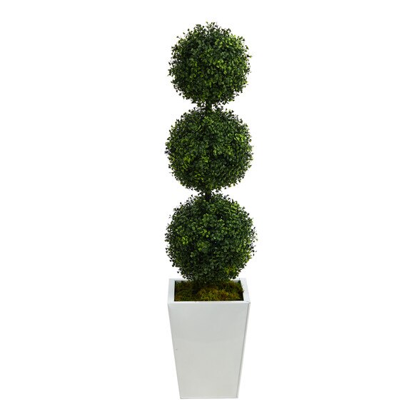 46 Boxwood Triple Ball Topiary Artificial Tree in White Metal Planter Indoor/Outdoor - SKU #T2614