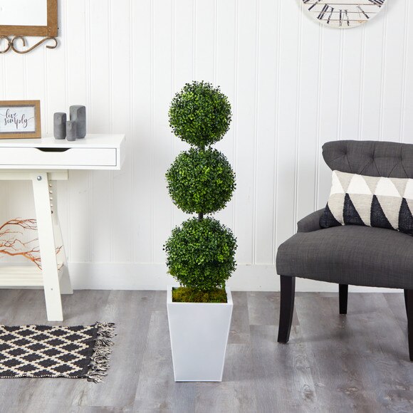 46 Boxwood Triple Ball Topiary Artificial Tree in White Metal Planter Indoor/Outdoor - SKU #T2614 - 2