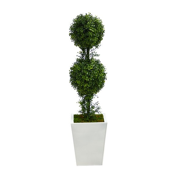 3.5 Boxwood Double Ball Topiary Artificial Tree in White Metal PlanterIndoor/Outdoor - SKU #T2618