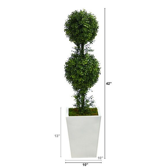 3.5 Boxwood Double Ball Topiary Artificial Tree in White Metal PlanterIndoor/Outdoor - SKU #T2618 - 1