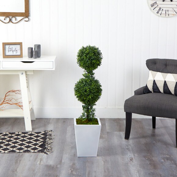 3.5 Boxwood Double Ball Topiary Artificial Tree in White Metal PlanterIndoor/Outdoor - SKU #T2618 - 2
