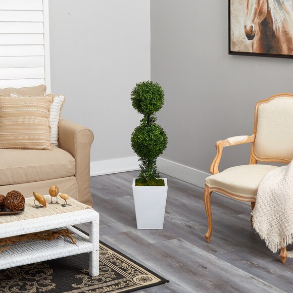 3.5 Boxwood Double Ball Topiary Artificial Tree in White Metal PlanterIndoor/Outdoor - SKU #T2618 - 3