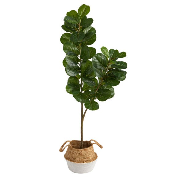 4.5 Fiddle Leaf Fig Artificial Tree with Boho Chic Handmade Cotton Jute White Woven Planter - SKU #T2914