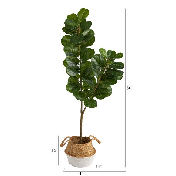 4.5 Fiddle Leaf Fig Artificial Tree with Boho Chic Handmade Cotton Jute White Woven Planter - SKU #T2914 - 1