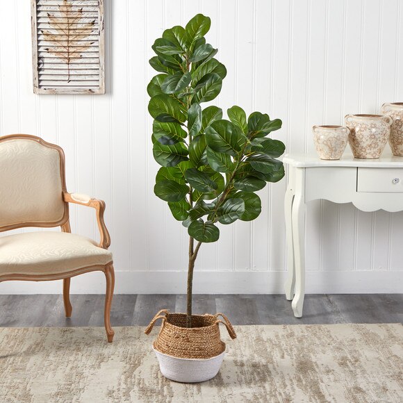4.5 Fiddle Leaf Fig Artificial Tree with Boho Chic Handmade Cotton Jute White Woven Planter - SKU #T2914 - 2