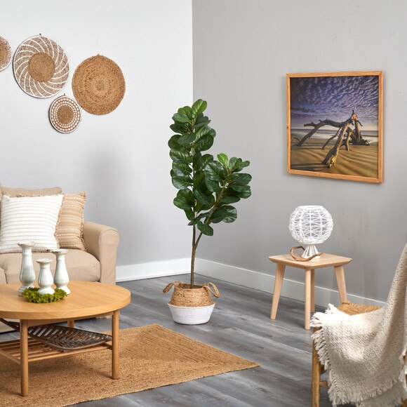 4.5 Fiddle Leaf Fig Artificial Tree with Boho Chic Handmade Cotton Jute White Woven Planter - SKU #T2914 - 3