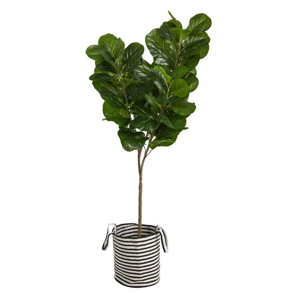 6 Fiddle Leaf Fig Artificial Tree in Handmade Black and White Natural Jute and Cotton Planter - SKU #T2916