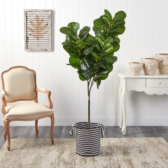 6 Fiddle Leaf Fig Artificial Tree in Handmade Black and White Natural Jute and Cotton Planter - SKU #T2916 - 2
