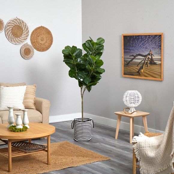 6 Fiddle Leaf Fig Artificial Tree in Handmade Black and White Natural Jute and Cotton Planter - SKU #T2916 - 3