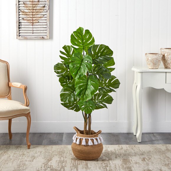 4 Monstera Tree in Boho Chic Handmade Natural Cotton Woven Planter with Tassels UV Resistant - SKU #T2921 - 2