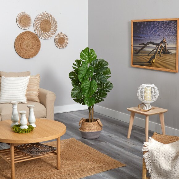 4 Monstera Tree in Boho Chic Handmade Cotton Jute Gray Woven Planter UV Resistant - SKU #T2922 - 3