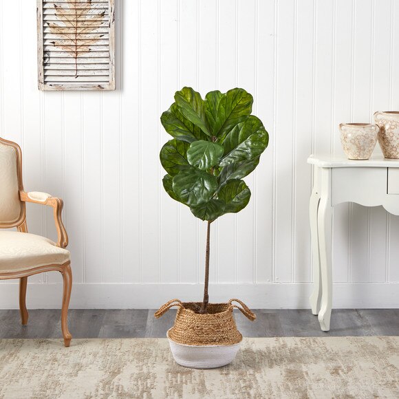 4 Fiddle Leaf Tree in Boho Chic Handmade Cotton Jute White Woven Planter UV Resistant - SKU #T2926 - 2