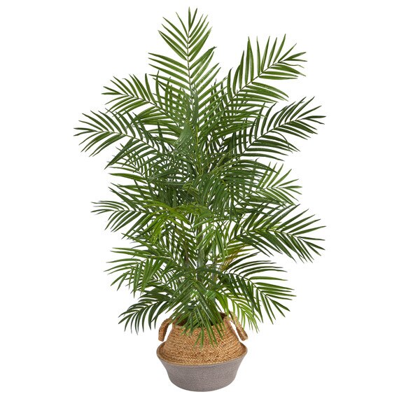 4 Areca Artificial Palm Branches in Boho Chic Handmade Cotton Jute Gray Woven Planter - SKU #T2932 - 1