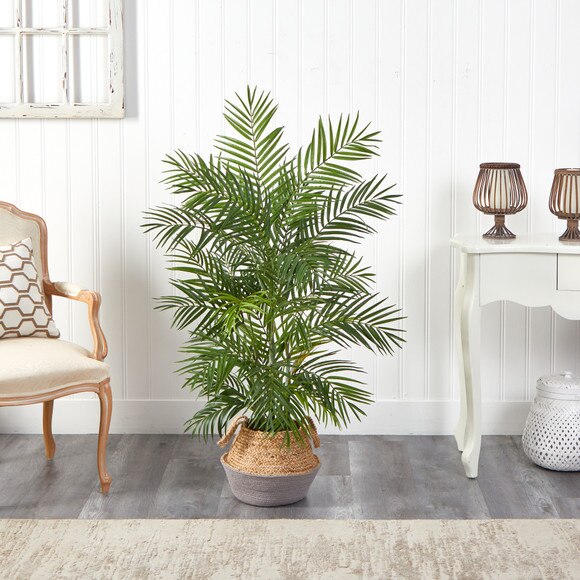 4 Areca Artificial Palm Branches in Boho Chic Handmade Cotton Jute Gray Woven Planter - SKU #T2932 - 2