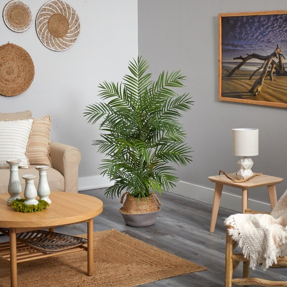 4 Areca Artificial Palm Branches in Boho Chic Handmade Cotton Jute Gray Woven Planter - SKU #T2932 - 3